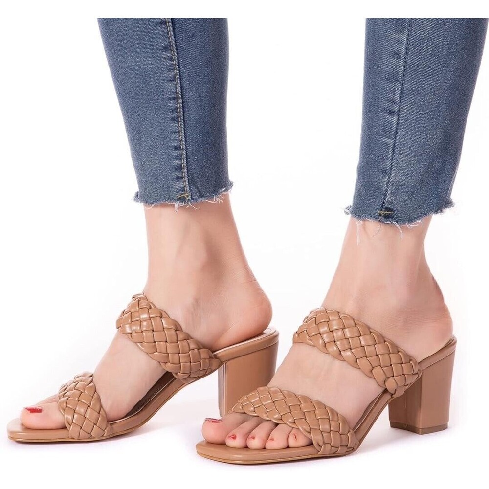 Women Heels Sandals Woven Size 6 Chunky Braided Nude Square Toes - Picture 6 of 8